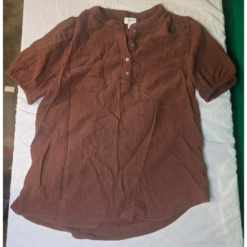 J. Crew 100% Cotton Double Gauze Puff Sleeve Henley Button Brown Earth Tones S